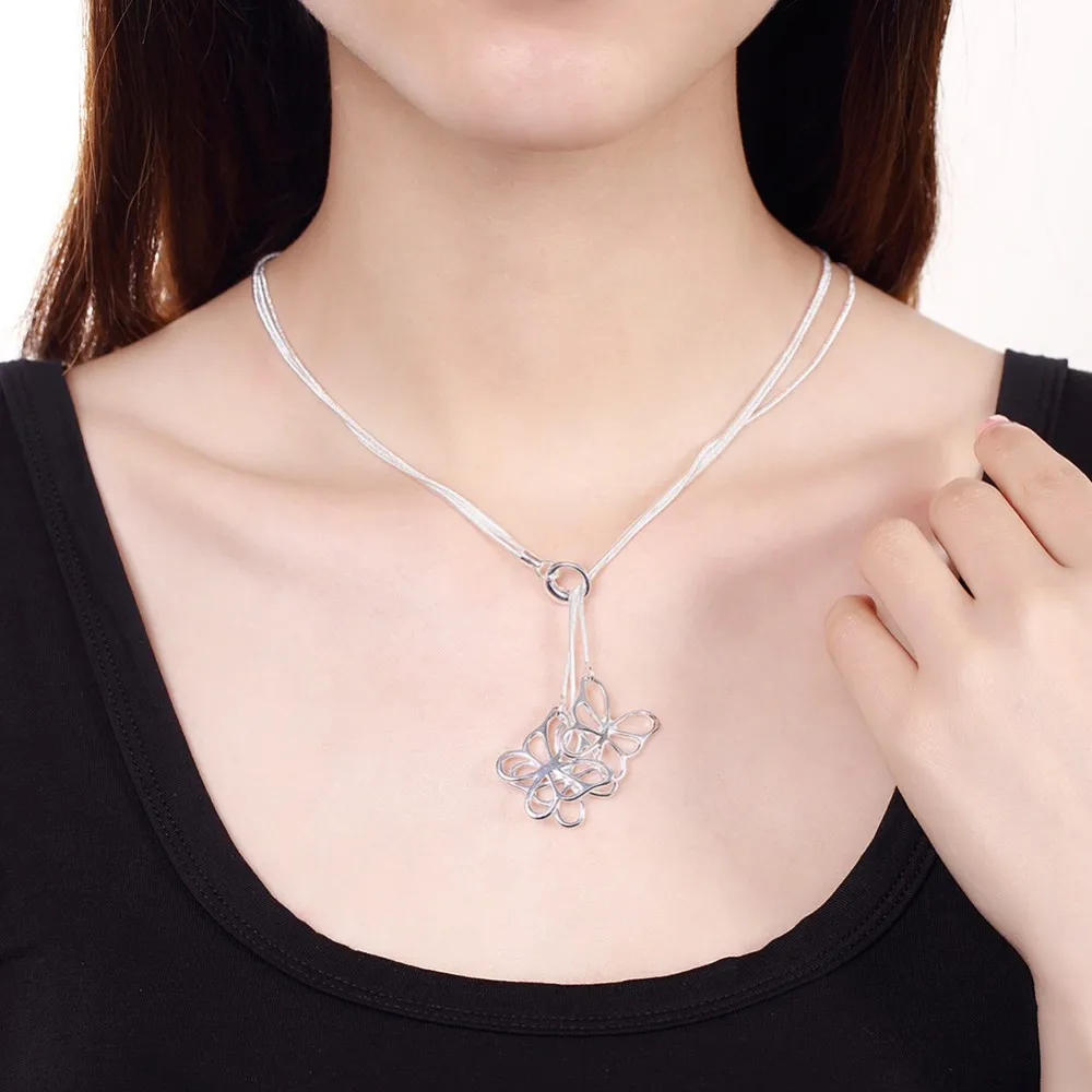 Women's jewelry 925 stamp silver plated three Butterfly charms Taiji Hanging necklace Colar de Prata gift pouches free shipping |