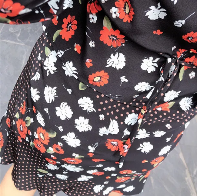 B Skirt Весна-лето, черная шелковая рубашка с принтом, мини-топ, блузка с v-образным вырезом+ мини-юбка, женские юбки, черный комплект из двух предметов - Цвет: B Skirt