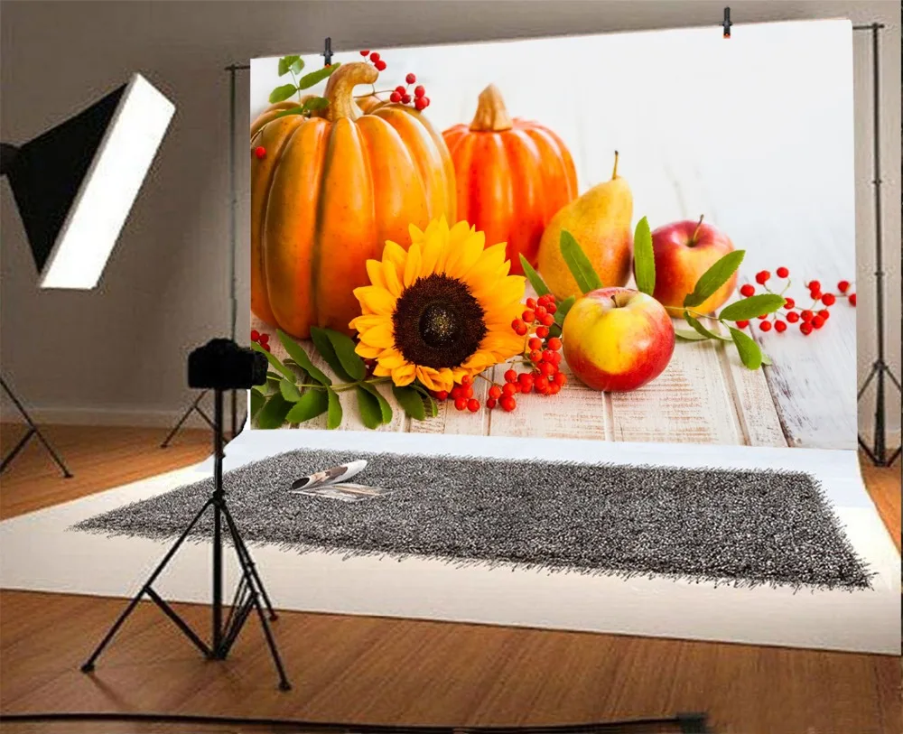Laeacco Autumn Harvest Wooden Board Pumpkin Sunflower Photography Backgrounds Customized Photographic Backdrops For Photo Studio |