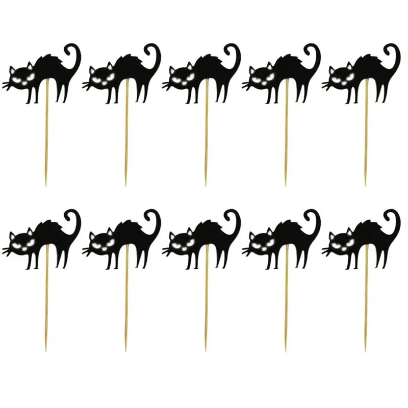 10pcs Cat Decor Cake Topper Dessert Fruit Decor Insert Card For Hallowmas Festival Party Gathering(Black Cat Pattern