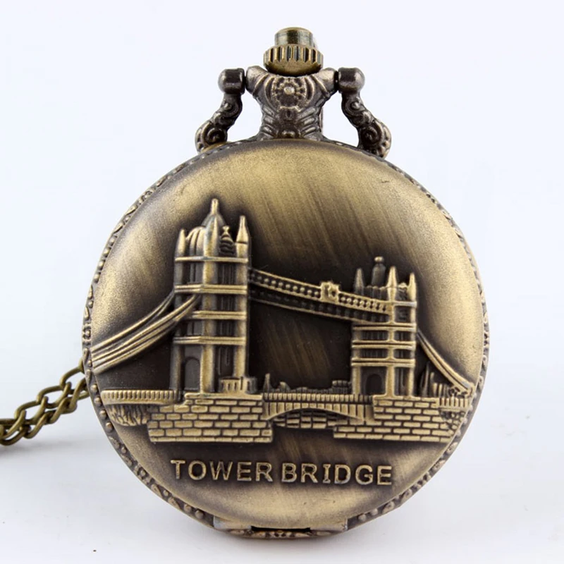 

Бронзовые винтажные Ретро-часы с лондонским мостом, кварцевые карманные часы с подвеской на длинной цепочке, мужские, женские, мужские карм...
