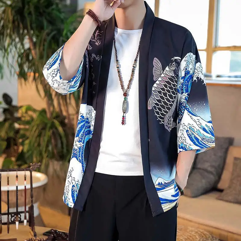 Мужская Уличная рубашка винтажное кимоно без воротника в традиционном японском