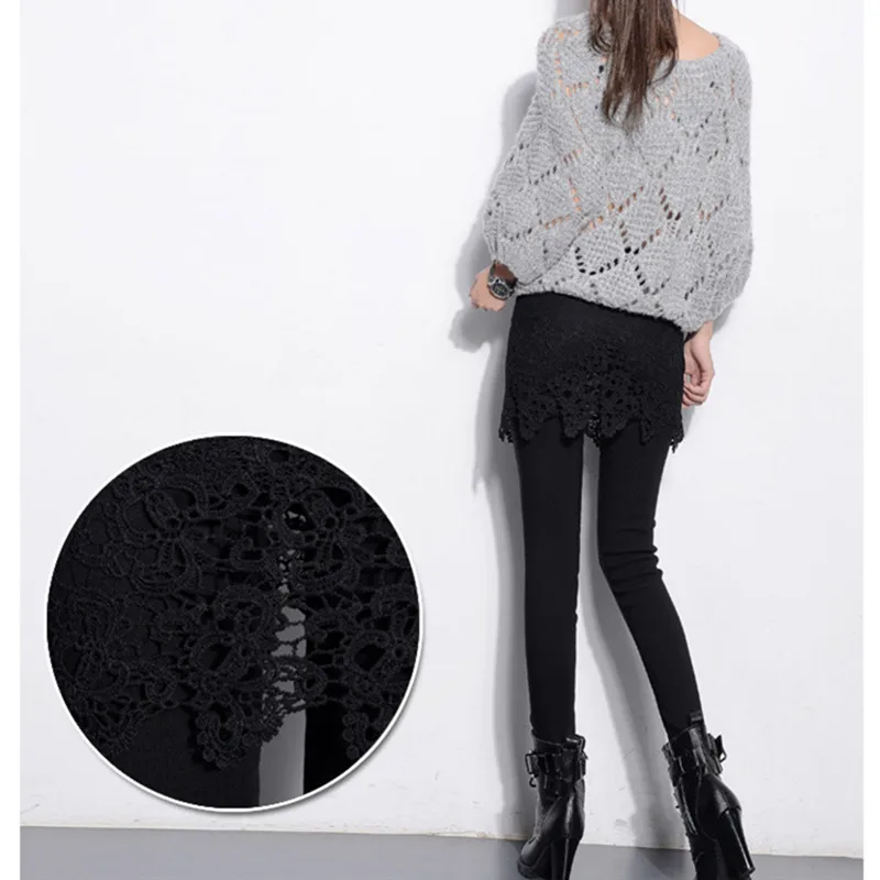 WKOUD Women Winter Leggings Black Pants With Lace Skirts Fashion Thickening Fleeces Warm Skirt Female Footless P8108 | Женская одежда