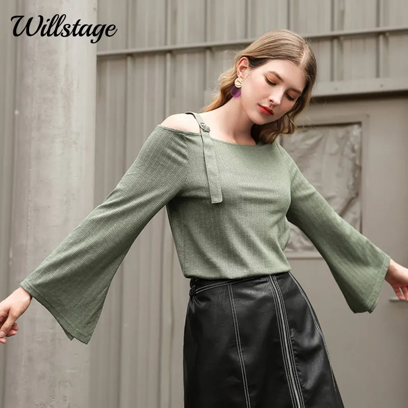 Willstage 5XL плюс размер футболки женские зеленые с длинным Расклешенным рукавом