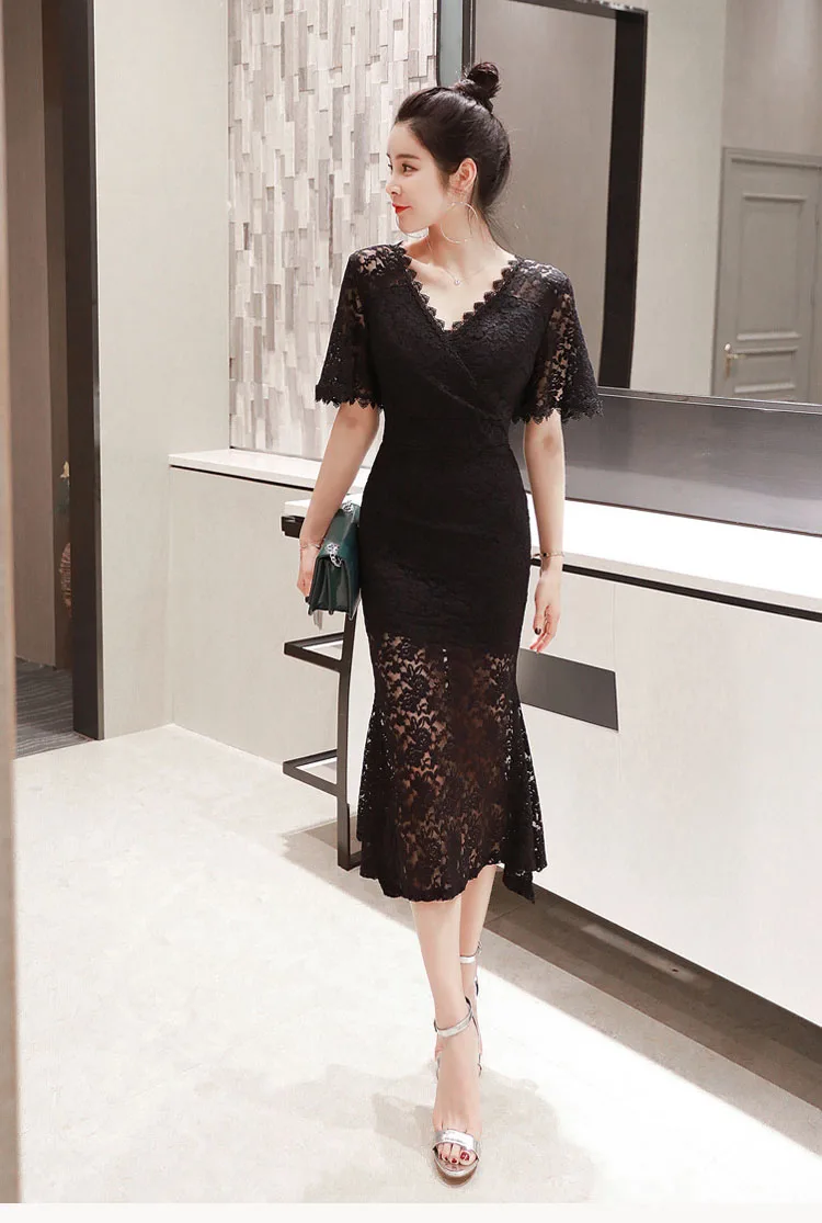 New Arrival Black Женское кружевное вечернее платье с юбкой-годе, элегантное праздничное платье до середины икры белого цвета с V-образным вырезом, длинное платье с коротким рукавом, лето - Цвет: New Arrival Black
