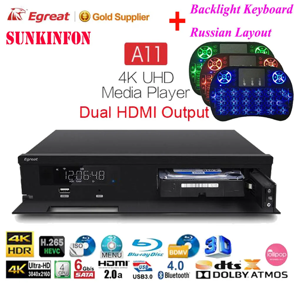 Медиаплеер Egreat A11 3D 4K Blu Ray HDD 2 ГБ 16 двойной HDMI выход Bluetooth Android ТВ приставка Dolby Atmos/DTS: