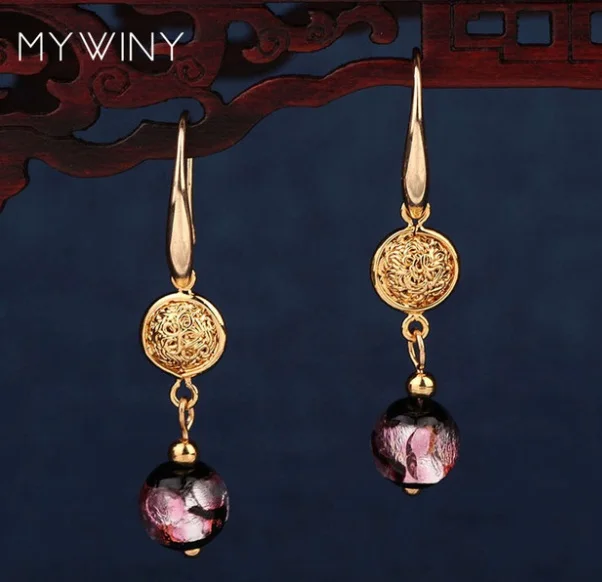MYWINY медь природа камни Винтаж глазированное стекло фиолетовые серьги, модные этнические серьги ювелирные изделия - Окраска металла: As Picture