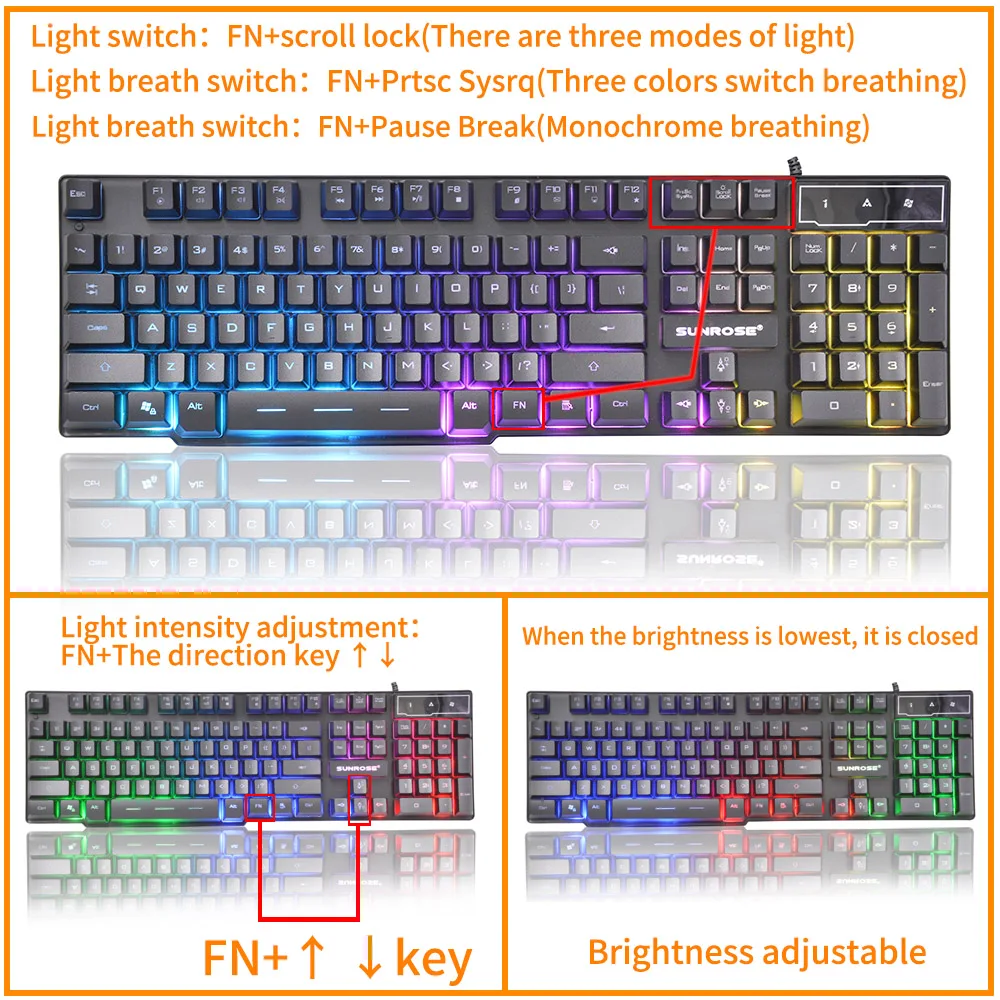 

Sunrose Russian / English 3 Color Backlight Gaming Keyboard Teclado Gamer Floating LED Backlit USB Similar Mechanical Feel