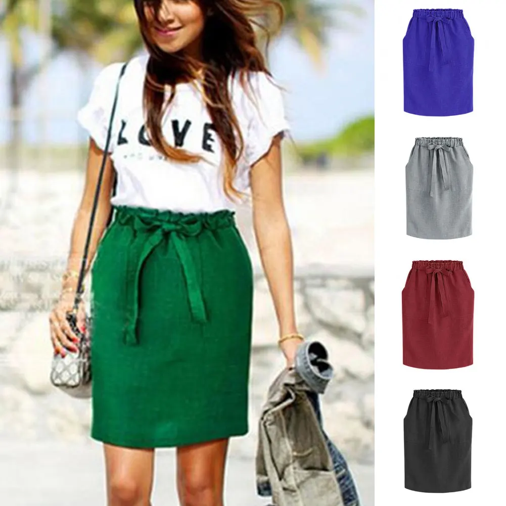 Женская облегающая юбка карандаш Однотонная средней длины на завязках с высокой