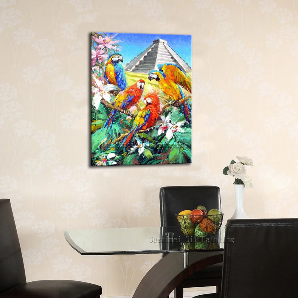 Новый дизайн высокое качество красочные попугаи картина маслом на холсте ручная