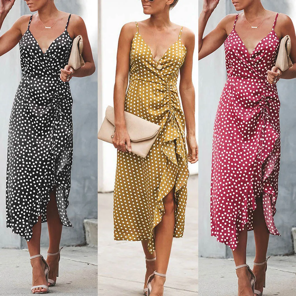 Женская одежда 2019 женское сексуальное платье в горошек без рукавов с v образным