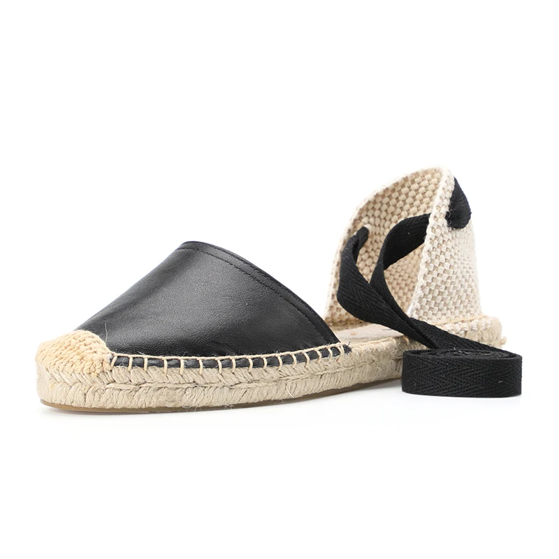 

Женские эспадрильи 2019, черные сандалии из натуральной кожи на плоской подошве