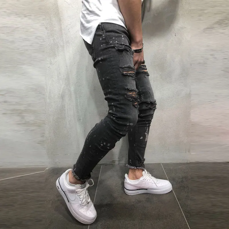 

2019 Fashion Mens Hole Skinny Pants Fashion Stretch Ripped Jeans For Male Stripe Denim Pants Plus size Trouses M-3XL