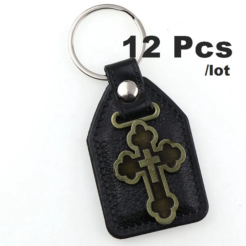 12pcs As Photo 12 шт., брелок для ключей из искусственной кожи, католический Шарм, подвески для мужчин, черная бирка, антикварная бронзовая позолота, крючок, ключ, религиозные брелки - Цвет: 12pcs As Photo