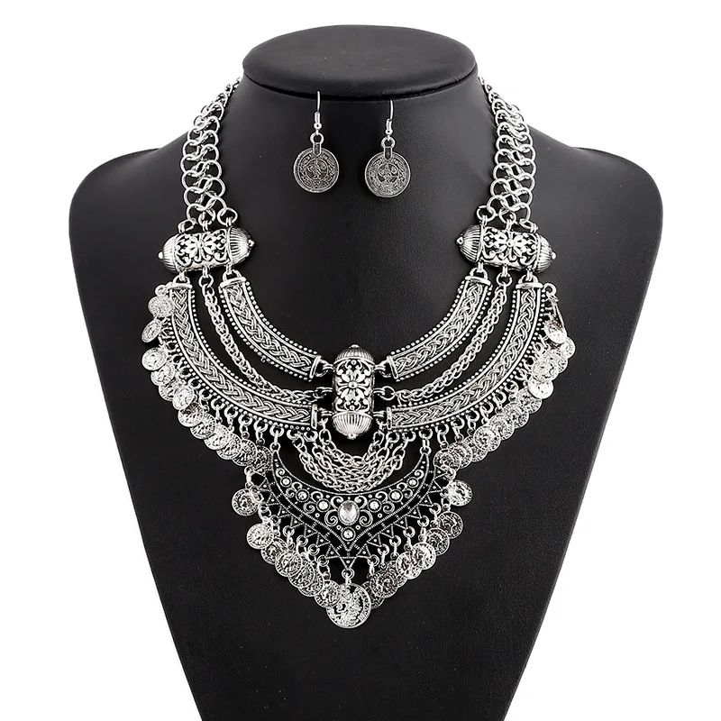 

Bohemian Vintage Coin Tassel Statement Necklace Earrings Set Women Baroque Style Ethnic Sliver Color Necklace Party Jewelry Set