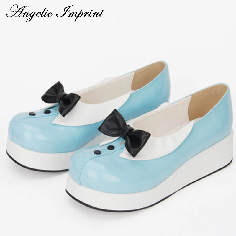 

School Girl Sky Blue and White Leather Uniform Shoes Sweet Lolita Wedge Shoes with Bow