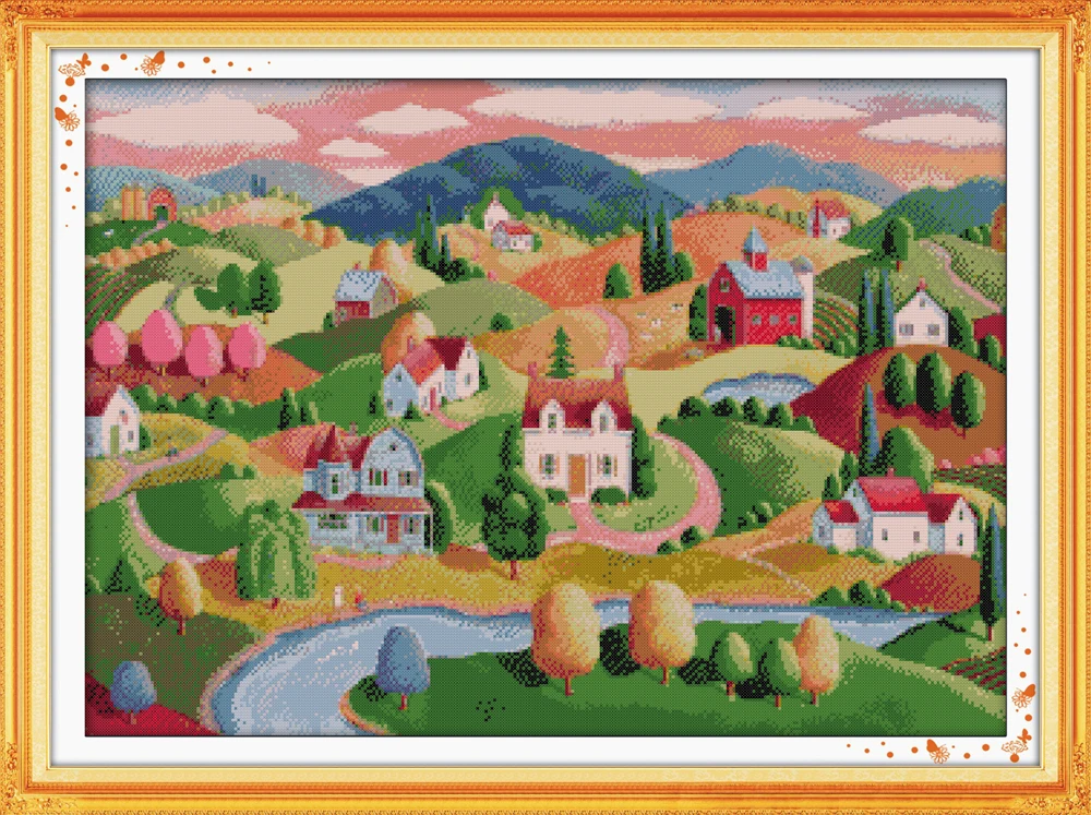 

Oil painting village cross stitch kit aida 14ct 11ct count print canvas cross stitching kits needlework embroidery DIY handmade