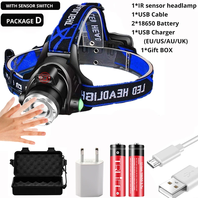 7000лм самый мощный ИК-датчик налобный фонарь T6/L2/V6 налобный фонарь USB Перезаряжаемый рыболовный фонарь с зумом водонепроницаемый Lanterna - Испускаемый цвет: Package D