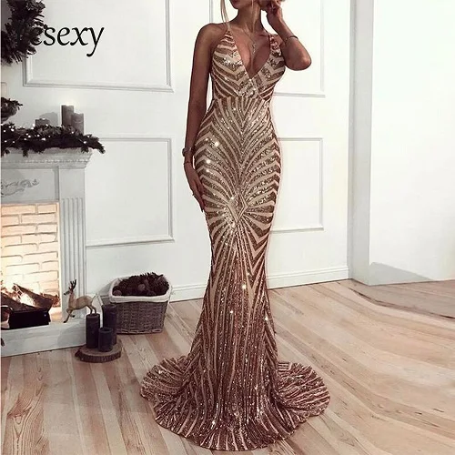 Yesexy, летние женские сексуальные элегантные платья с глубоким v-образным вырезом и открытой спиной, облегающее Макси платье с блестками для вечеринки, vestidos VR8928 - Цвет: Gold