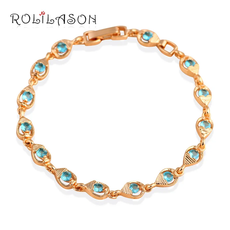 ROLILASON нежные Подарки Золотой Браслеты для Для женщин синий кристалл циркона