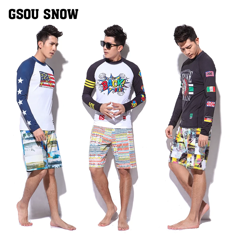 Mens splicing surfing wetsuit male sunscreen long sleeve snorkeling shirts and shorts set two-piece swimwear split surfing suit