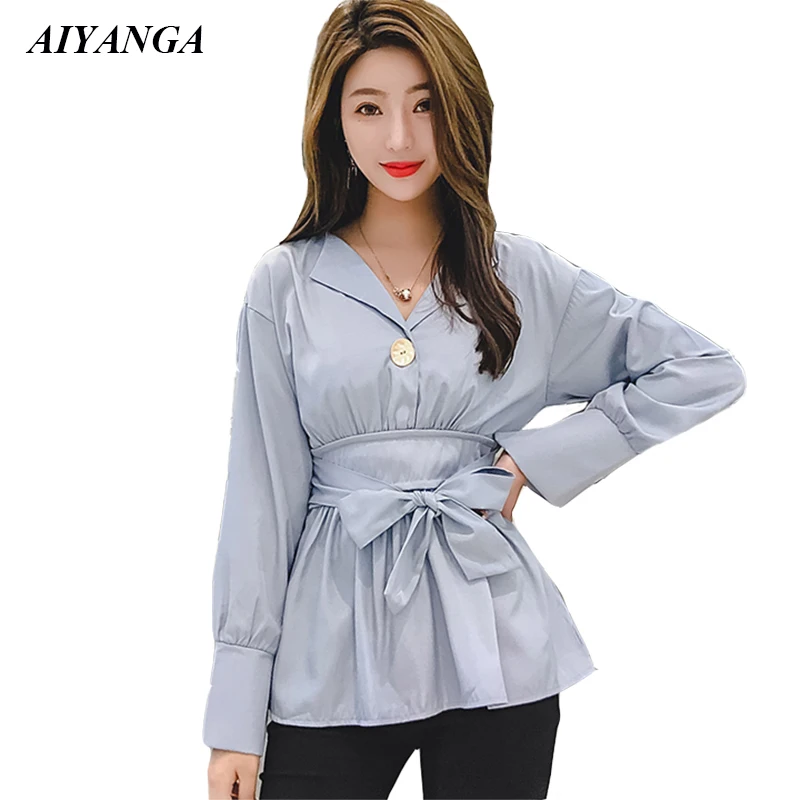 New Office Lady Long Sleeve Shirts For Women 2019 Spring Blouses Female V Neck Slim Lace Up Bow Elegant Solid Color Shirt