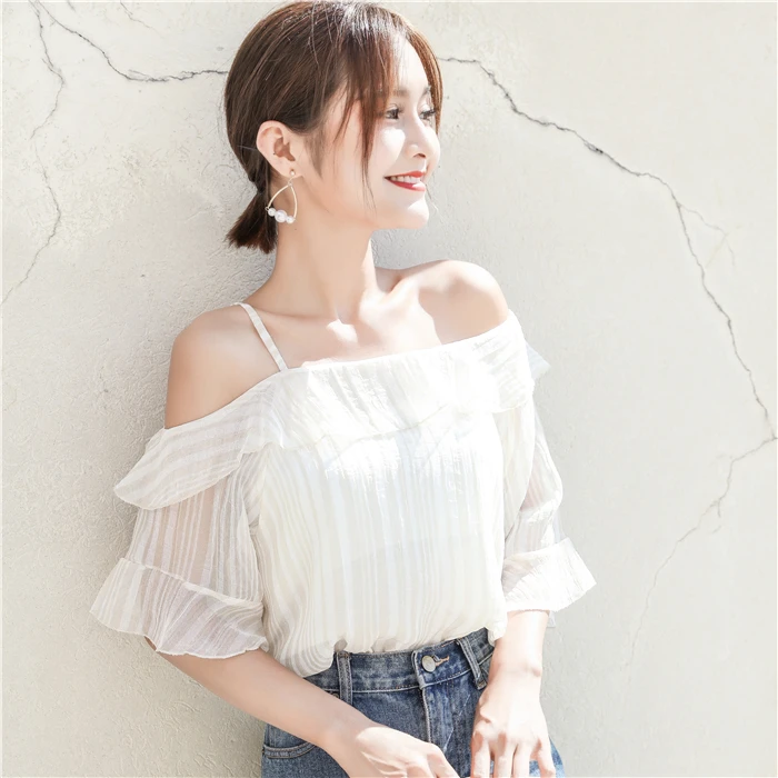 Женская шифоновая блузка с коротким рукавом вырезом лодочкой|Блузки| |