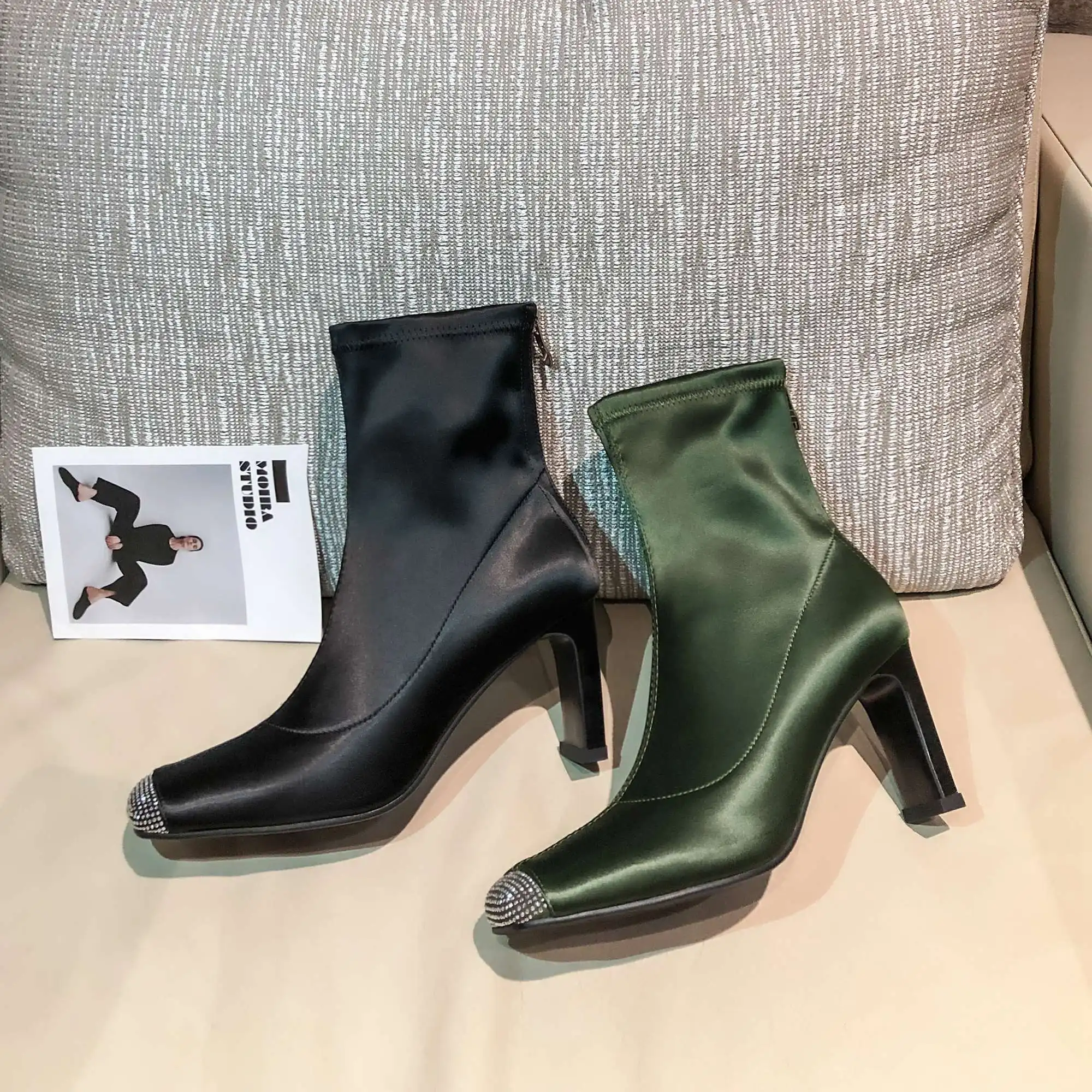 

Lenkisen stretch fabric glitter crystals square toe high heels zipper British style elegant lady model autumn ankle boots L18