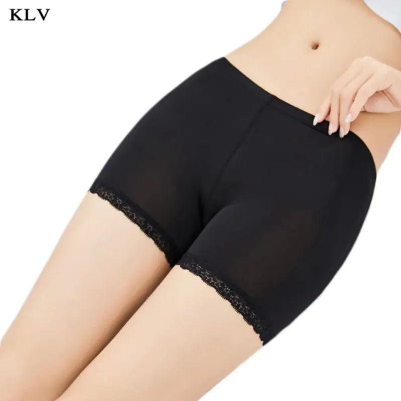 Black(lace) Летние защитные штаны для женщин и девушек размера плюс, бесследные, с кружевной отделкой, с плоским концом, однотонные, тянущиеся, под брюки, средняя посадка, тонкие, боксеры, шорты - Цвет: Black(lace)