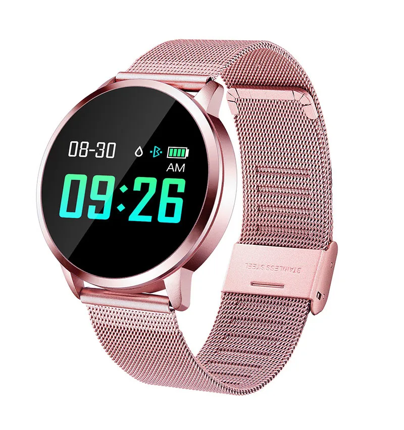 Pink with Steel Смарт-часы SeenDa Q8, 1,0 дюймов, цветной экран, умные часы для телефона, для женщин и мужчин, фитнес-трекер, умные часы со стальным или кожаным ремешком - Color: Pink with Steel