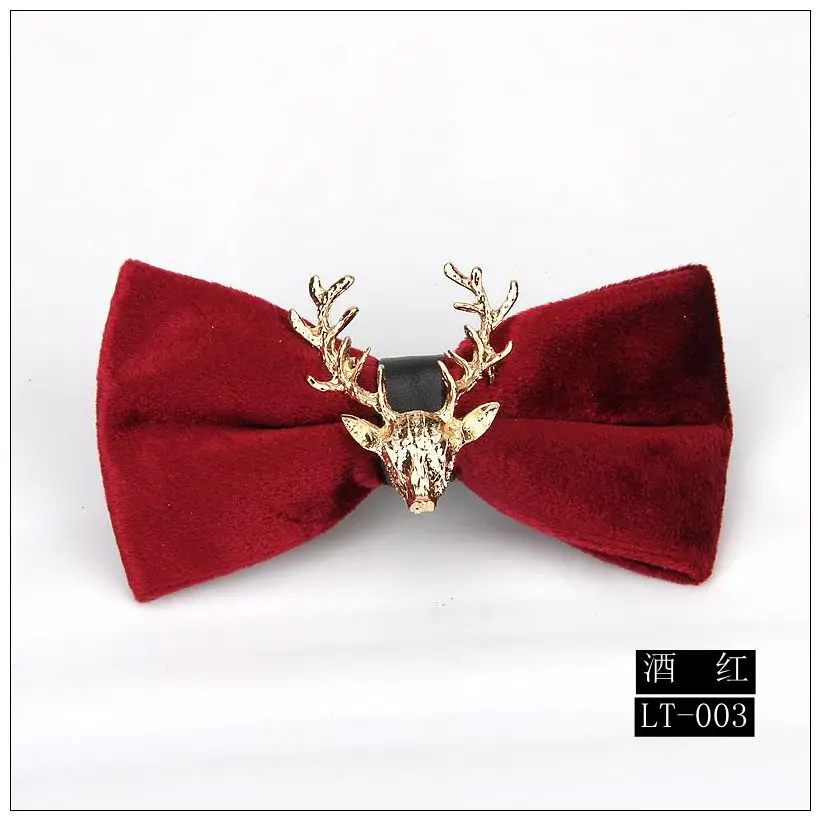 

Wedding Father's Day Gold Christmas Deer Head Velvet Pre-Tied Bow NeckTie Red Bowtie