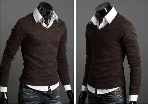 Мужской однотонный пуловер из кашемира приталенный свитер с v-образным вырезом