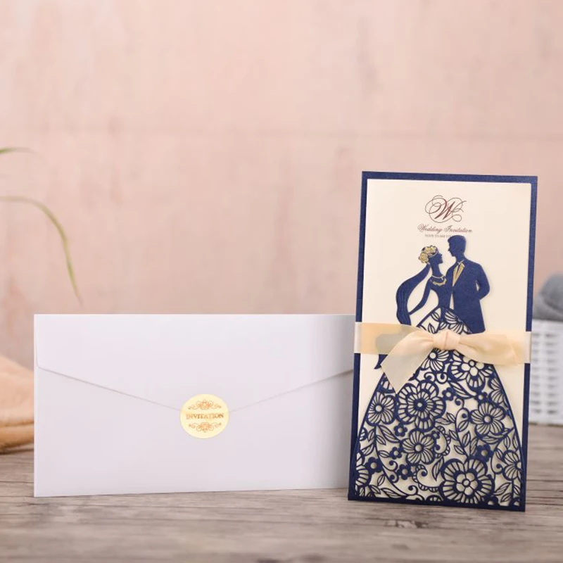 50pcs Laser Cut Wedding Invitations Card Bride And Groom Print Greeting Cards With Ribbon Decoration Party Supplies | Дом и сад