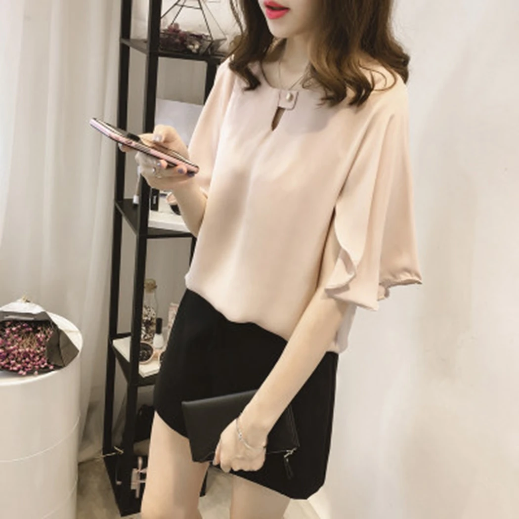 Plus Size Summer Chiffon Blouse Korean Style Women Loose Short Sleeve Shirt Elegant Ladies Solid White Gray Pink Tee Tops Blusas |
