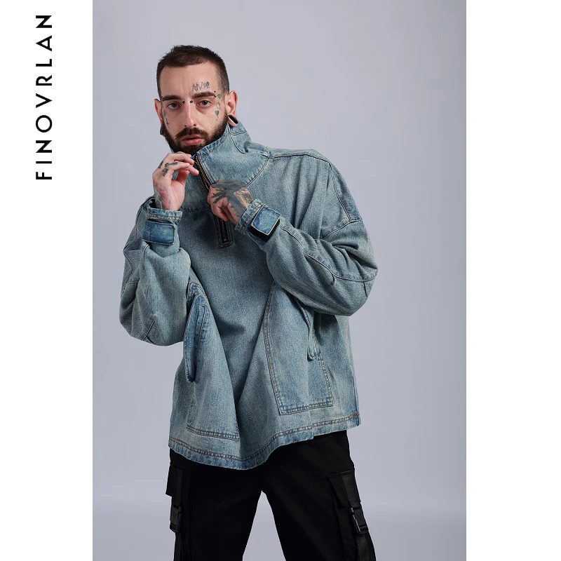 Европа хип хоп Уличная Для мужчин с высоким воротником мыть водой джинсовая