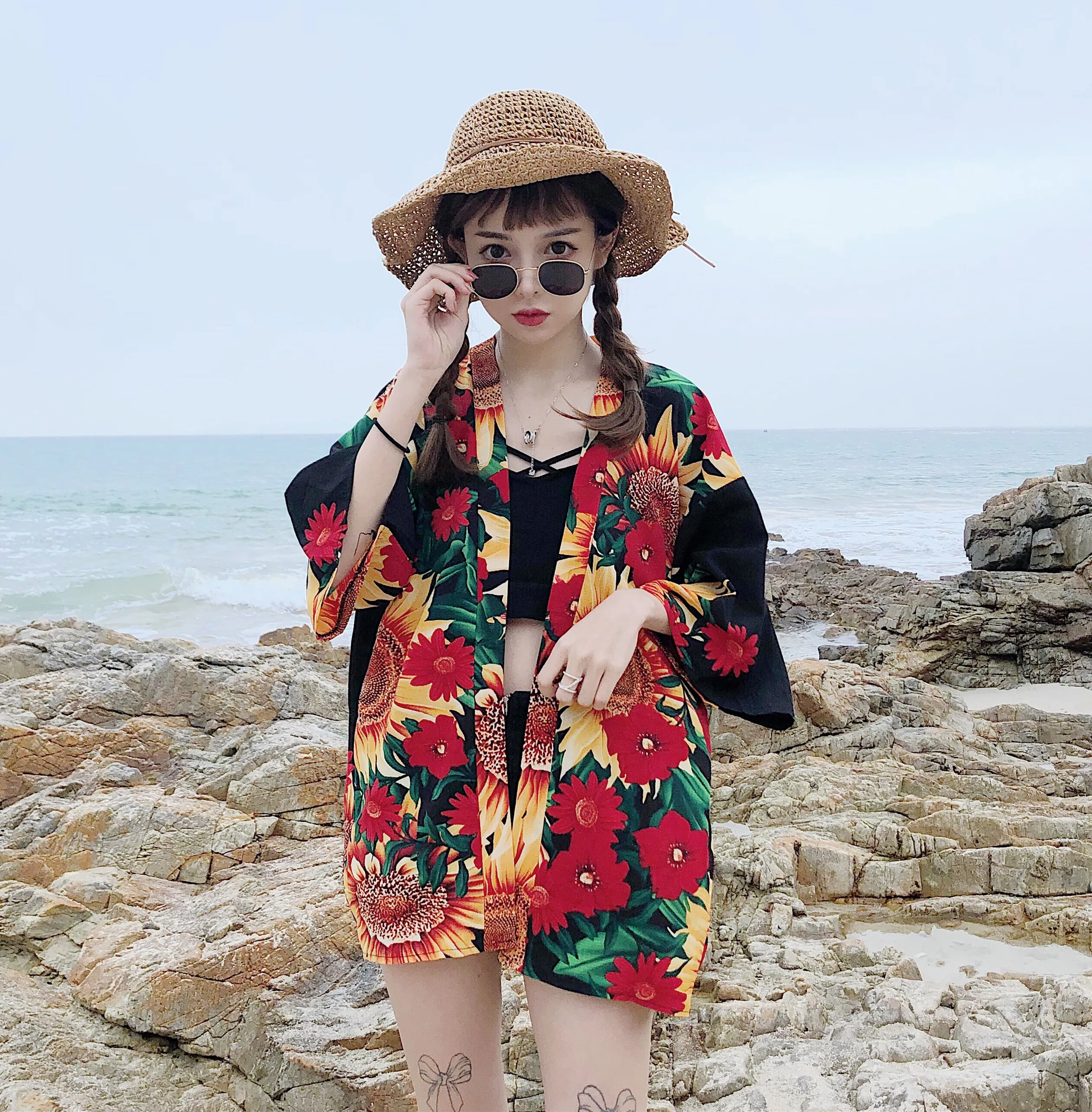 Korobov Korean Beach Women Blouses Summer Sunscreen Sunflower Print Kimono Cardigan Shirts Japanese Chimono Oversize Tops 77991 |
