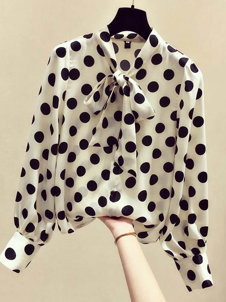 

Women Black Polka dot Tops Chiffon Bow Neck blouse See Though Loose Casual Hollow Out Transparent Mesh Blouse