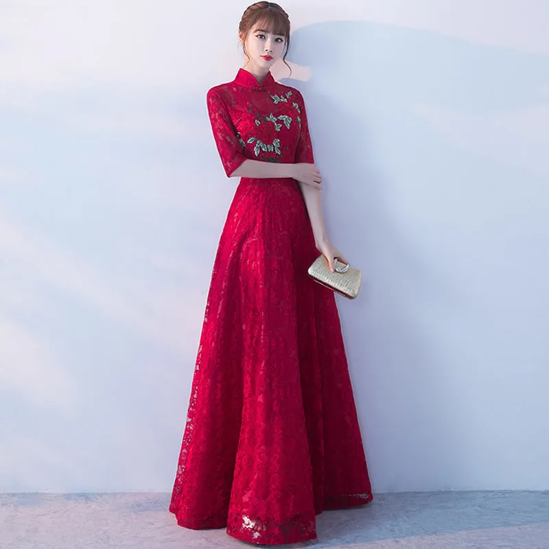 Кружево Qipao Длинные невесты свадебное вечернее платье современные китайские