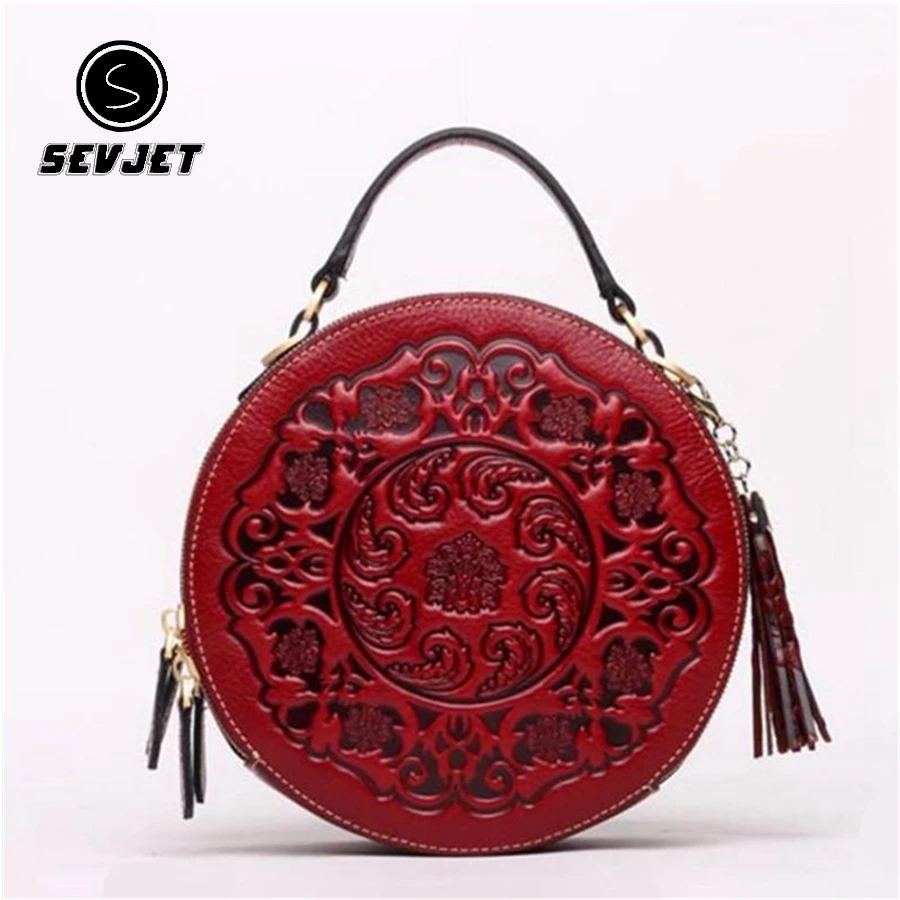 2019 Circular Genuine Leather Bags For Women Bolsa Feminina Vintage Embossed Shoulder Ladies Crossbody Handbag LXK061 | Багаж и сумки