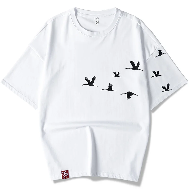 Большие размеры японский стиль вышитые кран футболка для мужчин женщин хип хоп