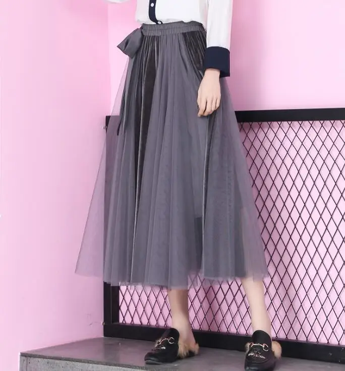 Для женщин леди с бантом большой сетка-качели Трикотажная юбка золото бархат