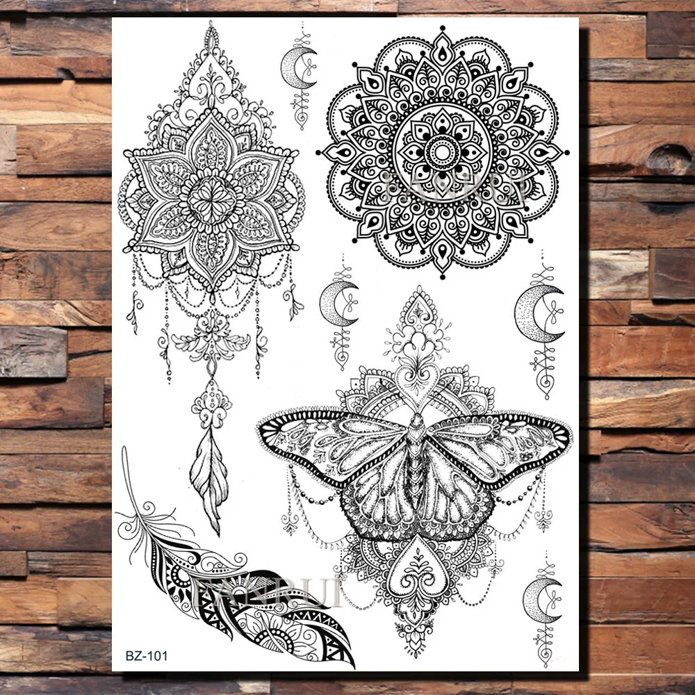 Временная тату наклейка FANRUI с Китом мандалой цветами бабочками черная хна