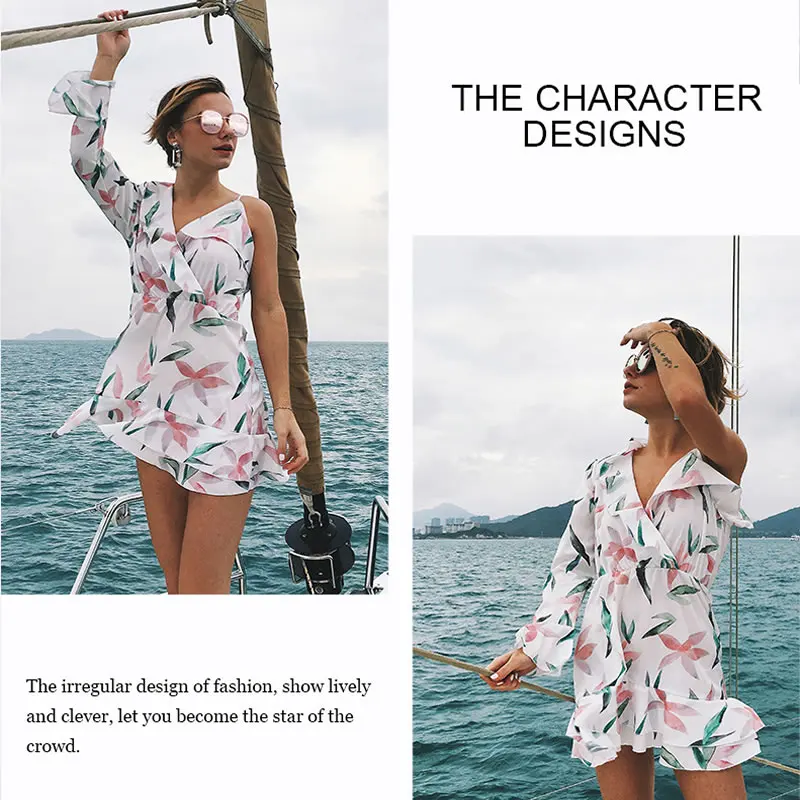 Женское платье на одно плечо с оборками и цветочным принтом глубоким v-образным