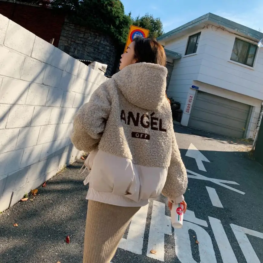 Winter Fashion Lamb Hair Splicing Cotton Coat Hooded Thicken Warm Jacket Back Letter Pattern Casual Slim Sustans Outerwear L1775 | Верхняя