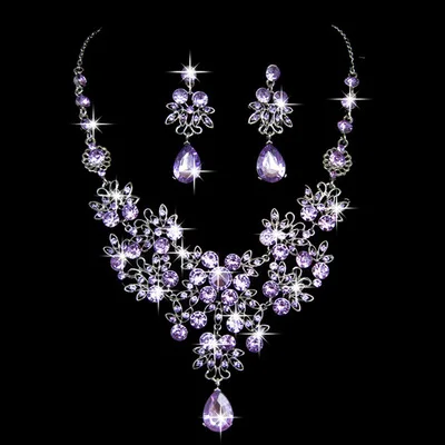 purple Модные Индийские кристаллы, стразы, ожерелье, серьги, ювелирные наборы для женщин, невесты, свадебные, вечерние, бижутерия - Окраска металла: purple