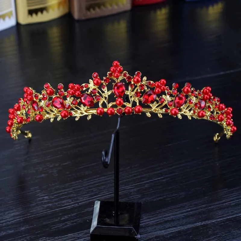 red tiara Розовое золото, украшения для волос, розовый кристалл, свадебная богиня, корона, жемчуг, цветок, стразы, свадебная тиара, повязка на голову для женщин, свадебное торжество - Окраска металла: red tiara