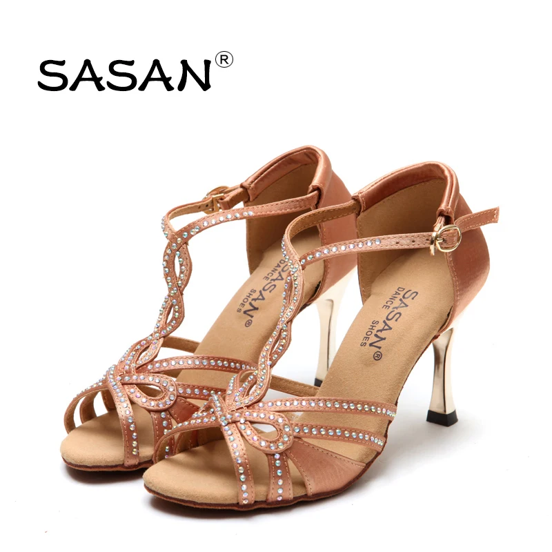 Free shipping Dance shoes women SASAN Adult Latin shoes with Diamond High-end atmosphere gold Heel 85mm Celebrity product soft