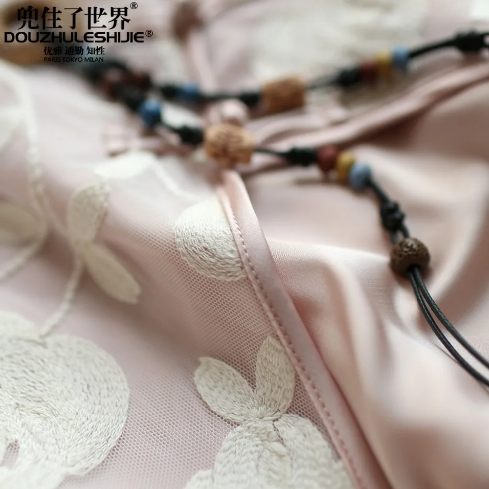 Новинка 2016 женщин осень вышивки розовое платье с длинным рукавом печать