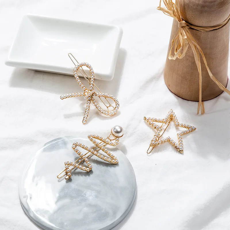 

Новое поступление, винтажные трендовые корейские заколки для волос с бантом и звездами, жемчужные заколки для волос, женские модные аксессу...