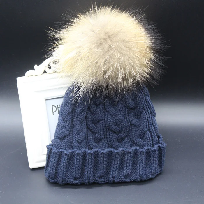 Женская шапка Skullies Beanies Зимние шапки для женщин 18 см большой натуральный мех помпон шапка женская твист вязаные шапки